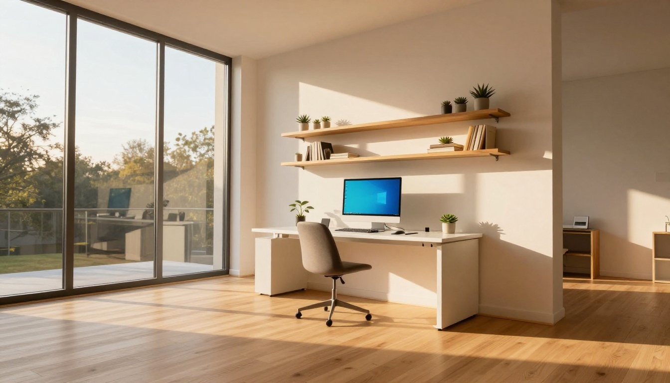 Low-angle view of a minimalist modern home office with golden afternoon sunlight streaming across pale oak floors