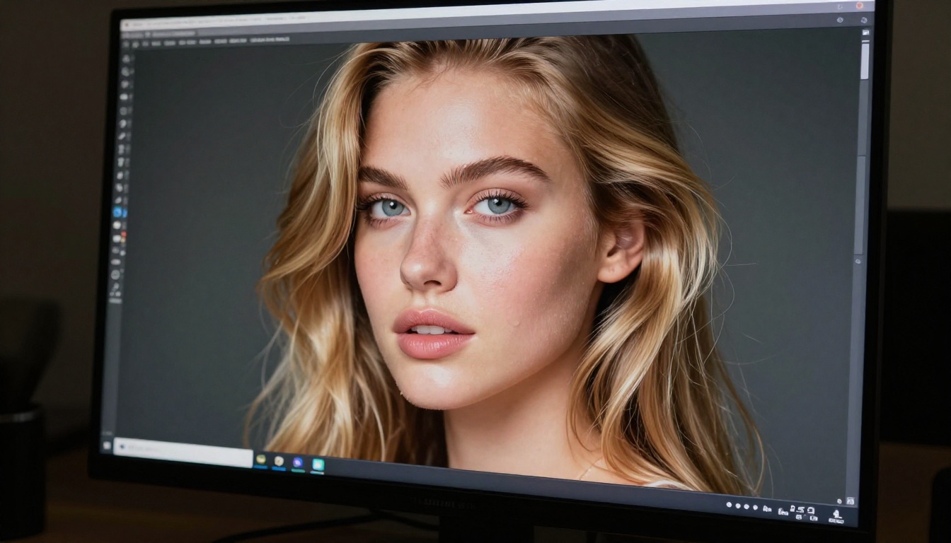 Extreme close-up of a monitor screen showing a photorealistic AI-generated portrait with exceptional skin and hair detail