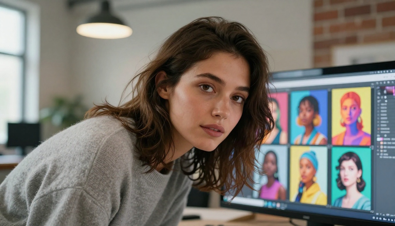 A creative professional woman leaning close to a monitor displaying a gallery of AI-generated photorealistic images