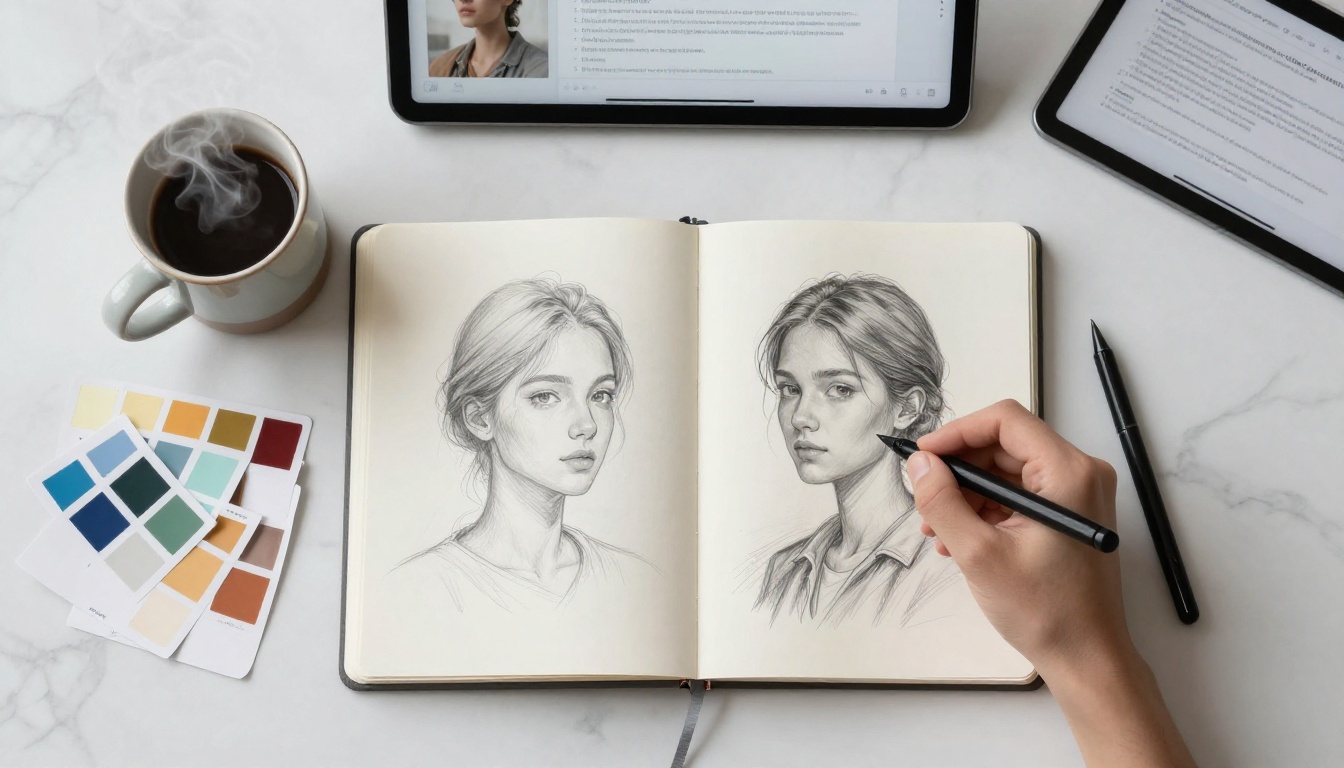 Aerial flat lay of a marble desk workspace with sketchbook, AI-generated prints, ceramic coffee mug, and tablet showing text-to-image interface