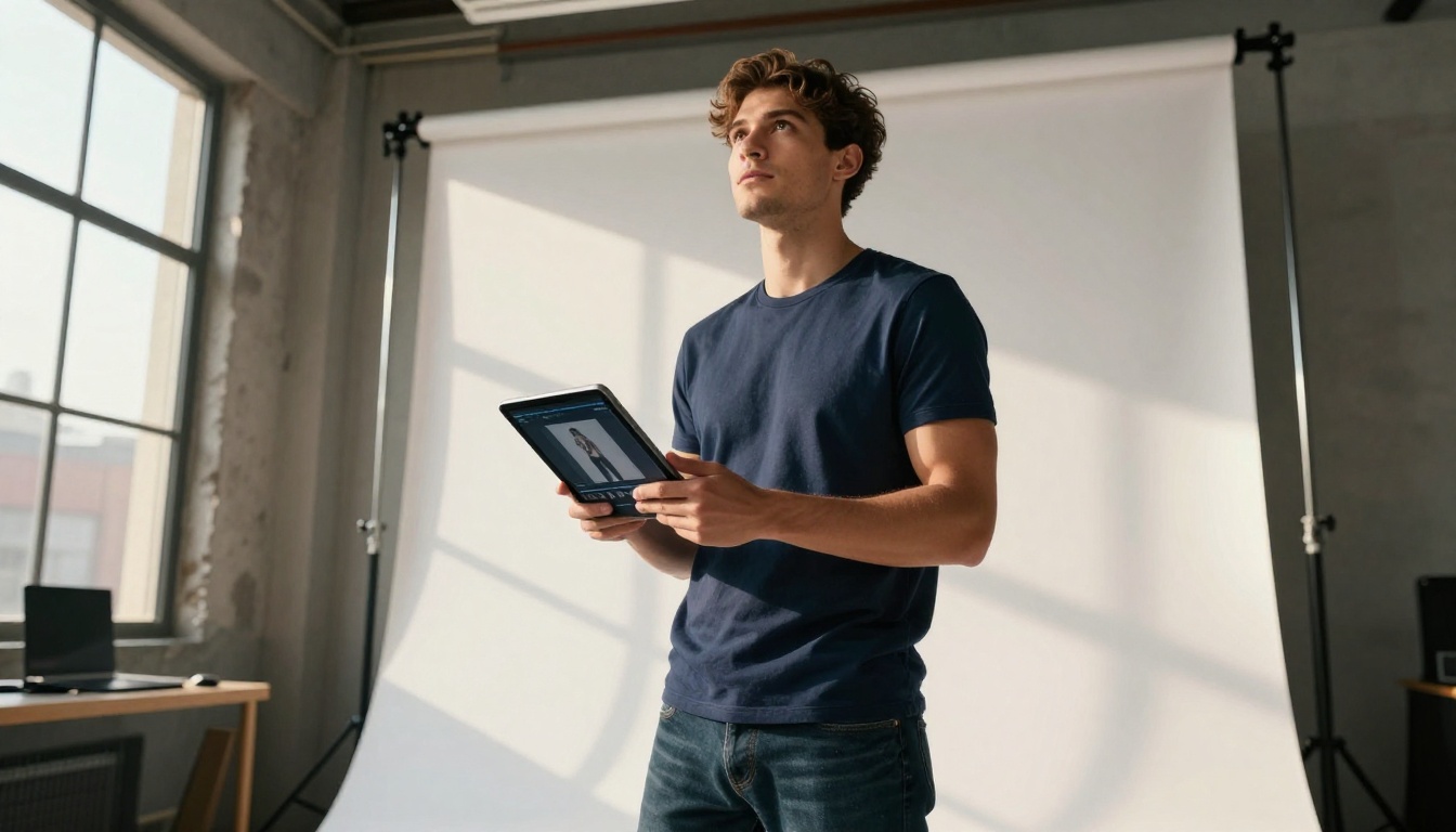 Young man in a photography studio holding a tablet with AI image generation interface, rim light from a high industrial window
