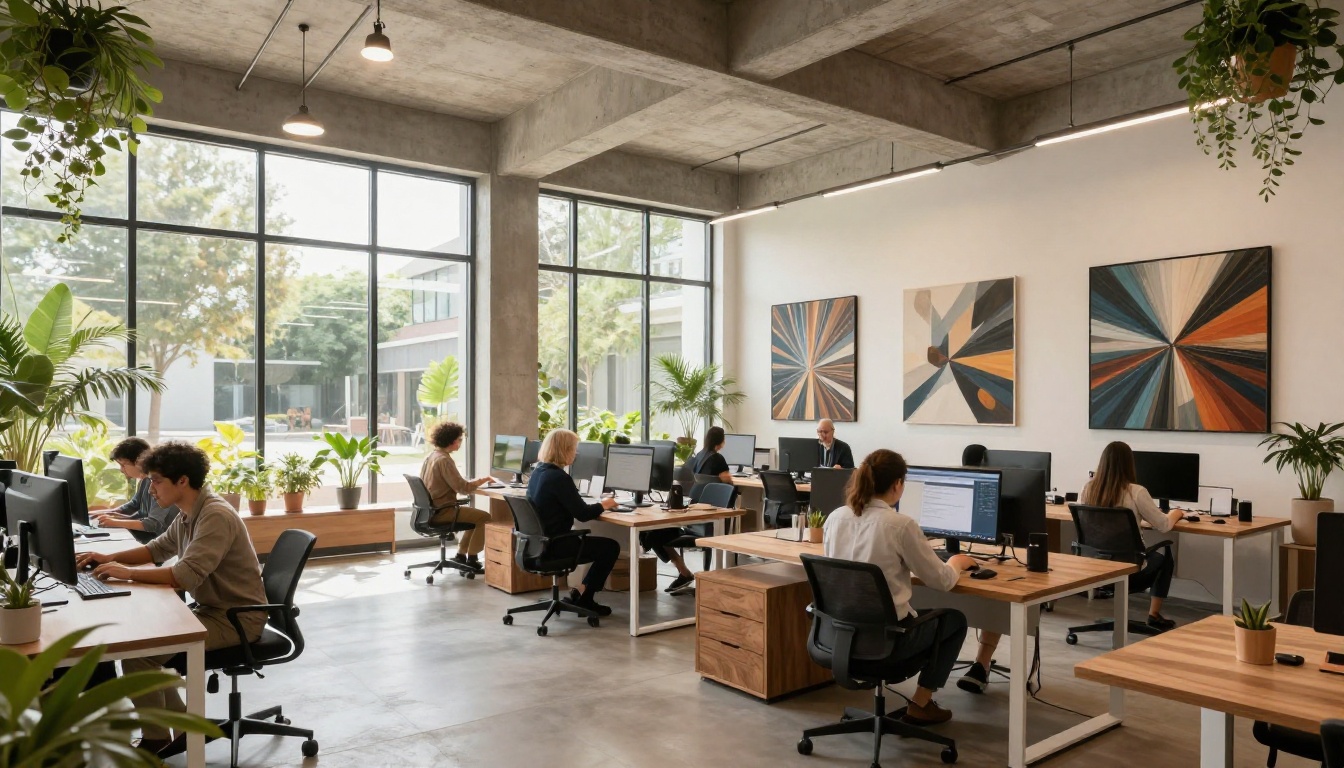 Modern co-working space with AI artworks on walls, large windows flooding the space with natural light, and creatives working at standing desks