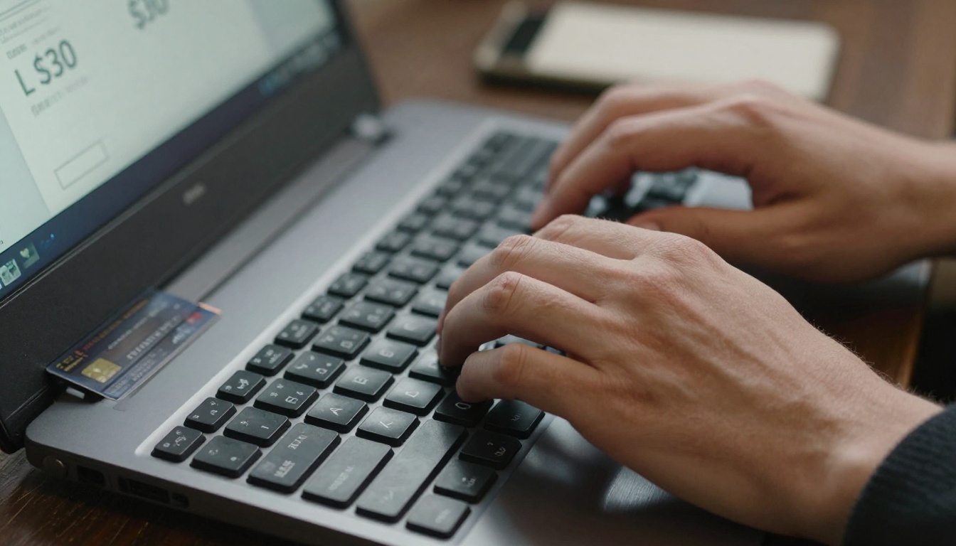 Close-up of hands typing on a mechanical keyboard with a credit card beside the laptop Close-up of hands typing on a mechanical keyboard with a credit card beside the laptop