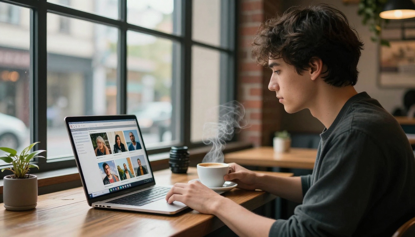 AI-generated images displayed on a laptop screen in a modern cafe workspace AI-generated images displayed on a laptop screen in a modern cafe workspace