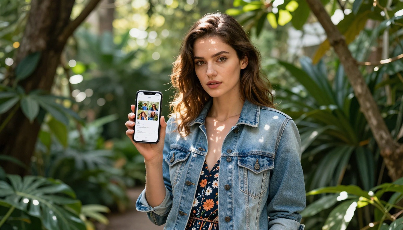 A stylish woman in a light denim jacket over a floral dress holding a smartphone with AI image generation results in a sunlit botanical garden