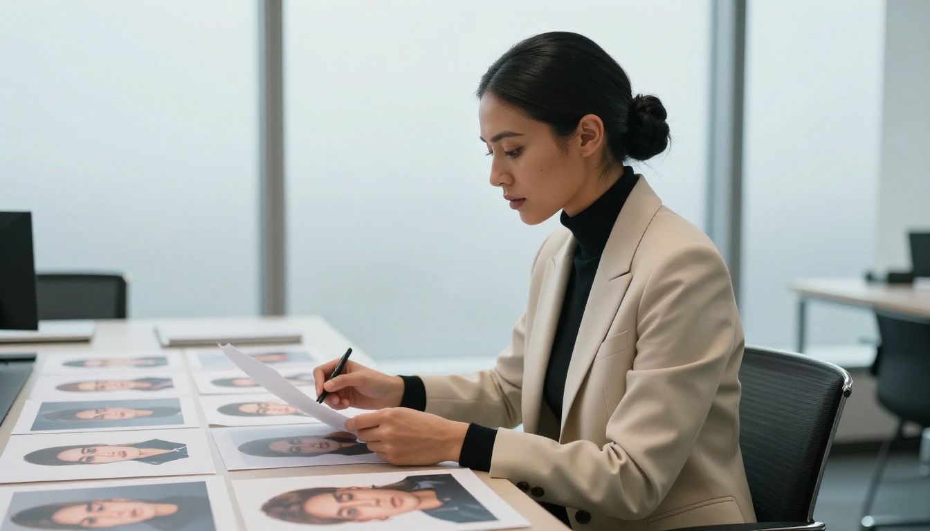 A creative director with a sleek bun reviewing a grid of printed AI-generated portraits laid out on a long conference table, frosted glass window behind creating soft diffused light