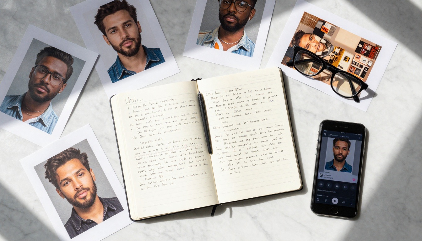 Aerial flat lay of printed AI photos, notebook, and smartphone on a marble desk Aerial flat lay of printed AI photos, notebook, and smartphone on a marble desk
