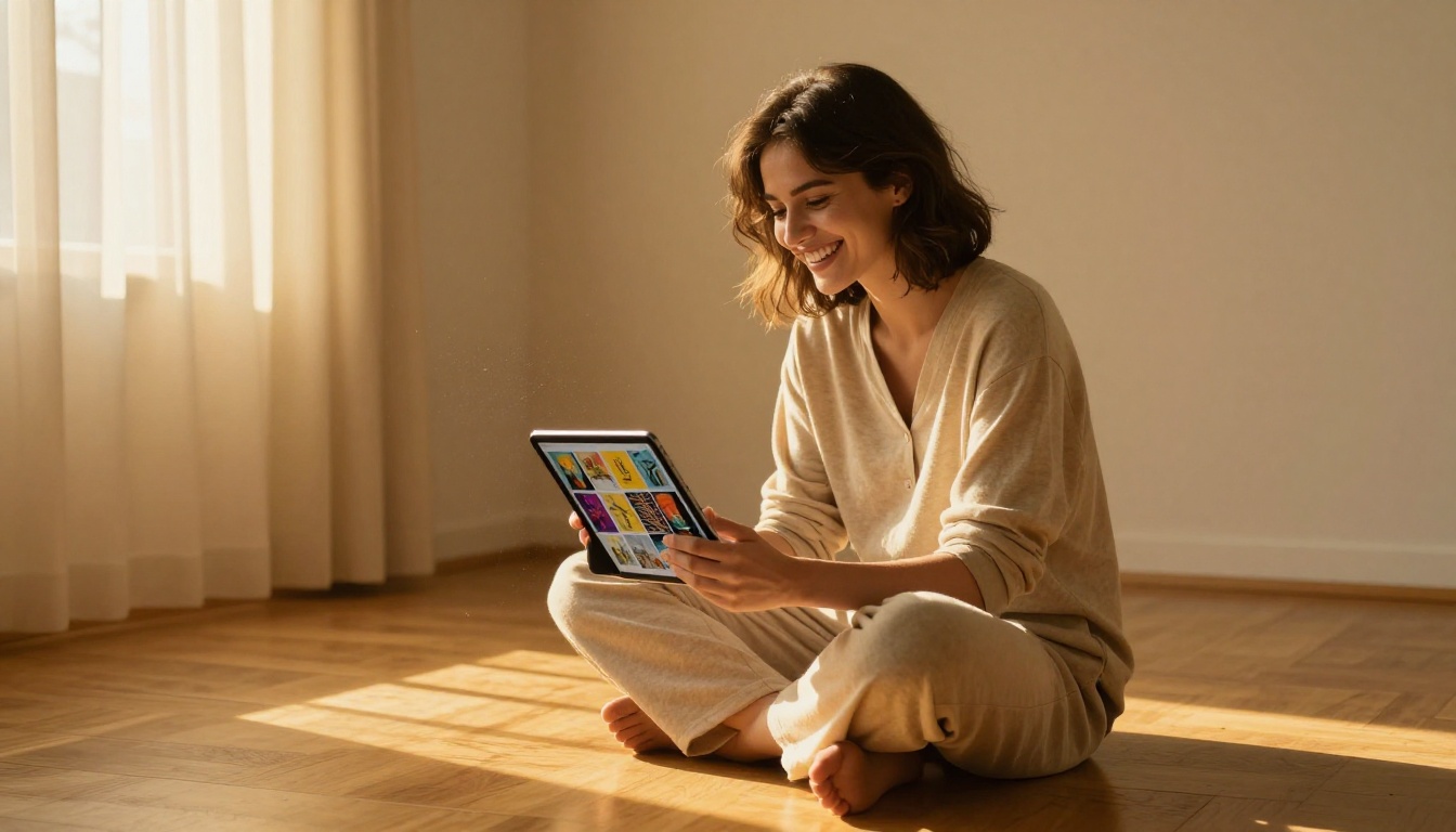 Woman sitting cross-legged on apartment floor laughing while looking at AI art on tablet Woman sitting cross-legged on apartment floor laughing while looking at AI art on tablet