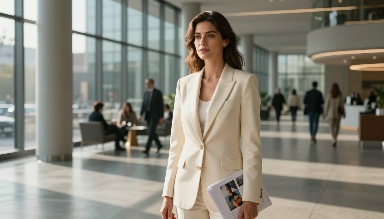 Confident brunette woman with a portfolio in a modern glass office building lobby