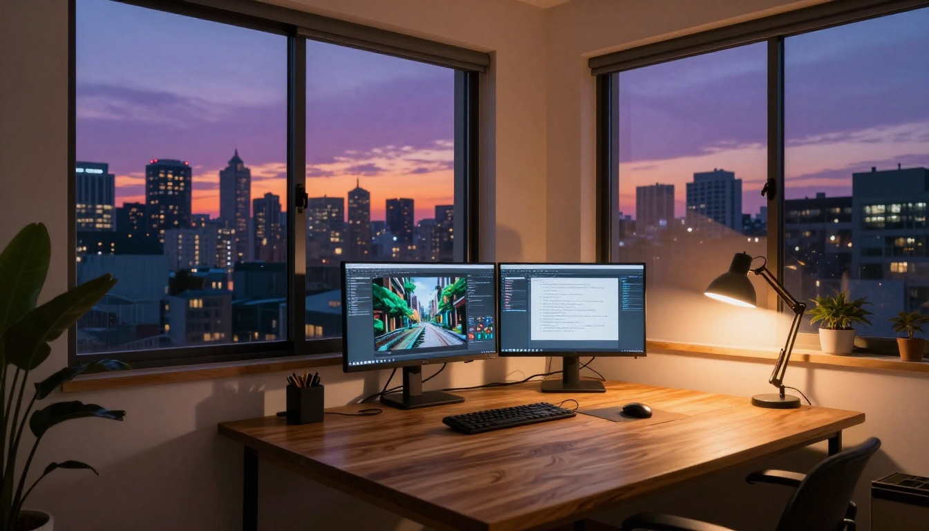 Minimalist home office at dusk with dual monitors showing an AI generation dashboard