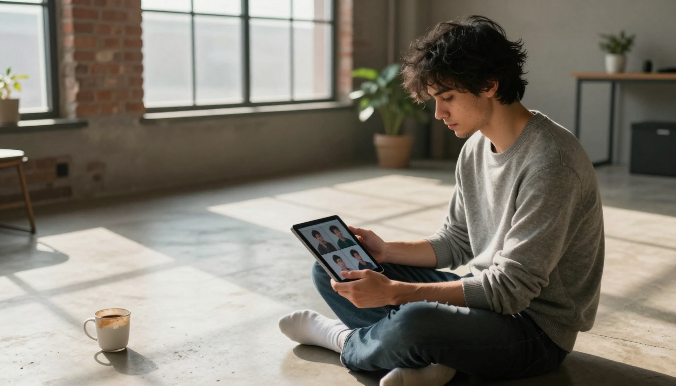 A man sitting cross-legged studying AI-generated images on a tablet in a minimalist loft apartment
