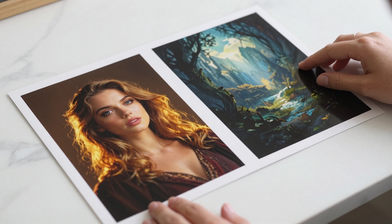 Two printed photographs laid side by side being compared on a marble table