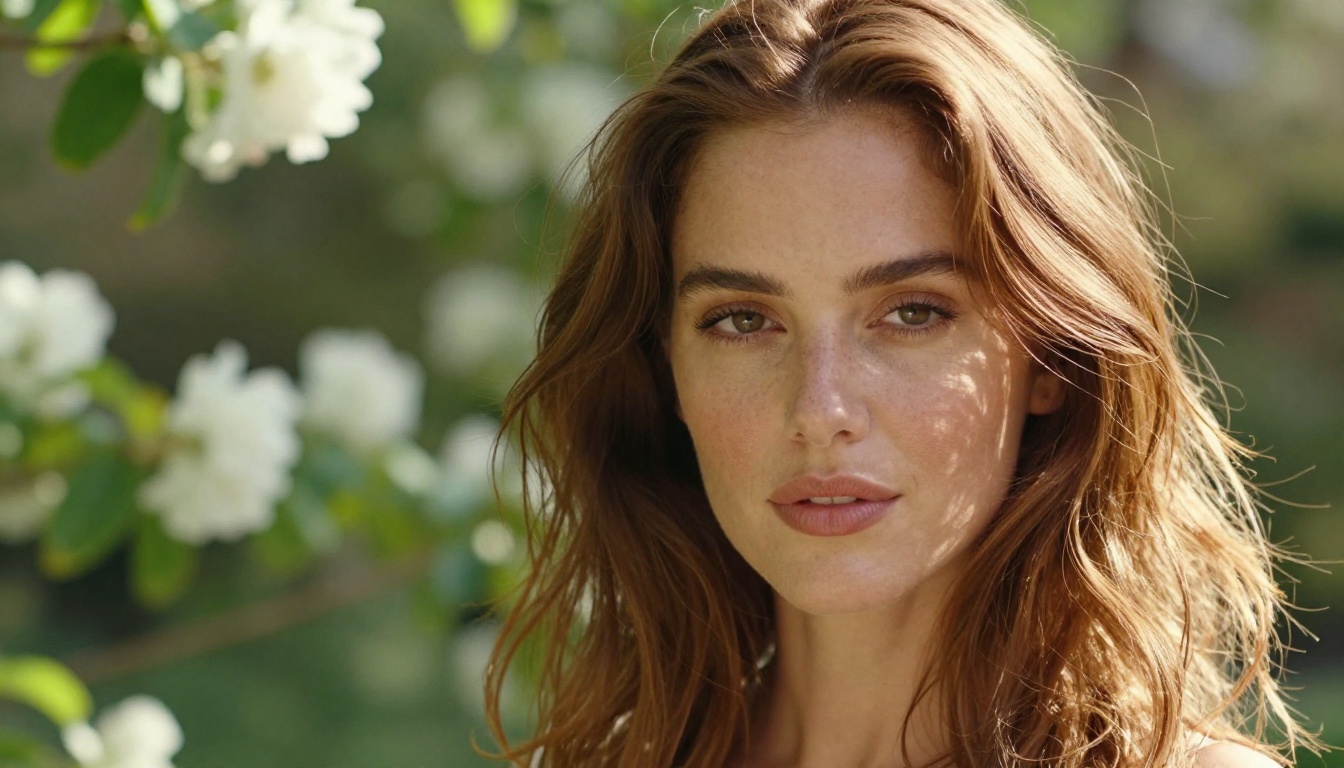 A close-up portrait of a woman with auburn hair in a sunlit garden, natural skin texture and bokeh background