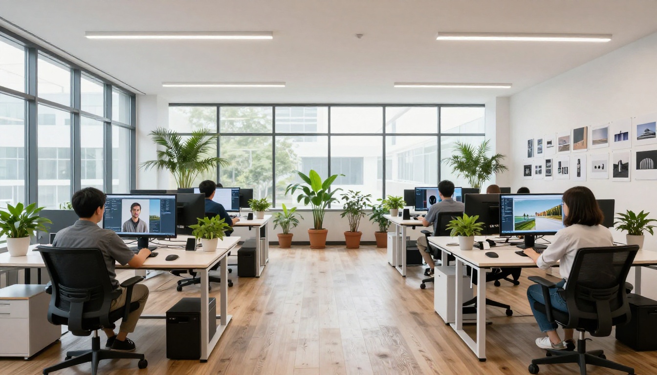 A modern creative agency workspace with designers at standing desks, each monitor showing different AI-generated imagery