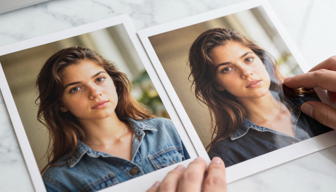 Two printed AI-generated portraits placed side by side on a white marble desk showing equal visual quality