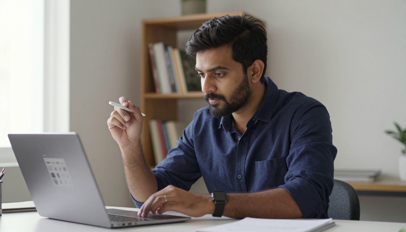 A South Asian man at a white desk analyzing a model selection dashboard on a laptop, natural window light from the left