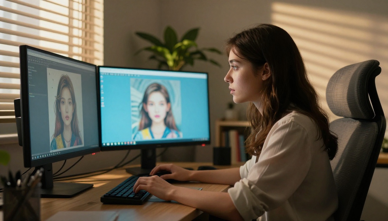 A woman in her late 20s comparing AI artwork on dual monitors with dramatic venetian blind light patterns on the wall behind her
