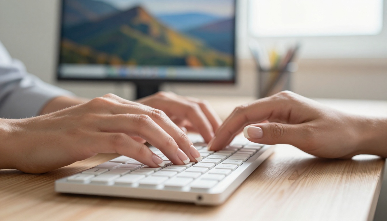 Close-up of female hands with french-manicured nails typing on a white keyboard, with a blurred AI-generated landscape visible on a secondary monitor