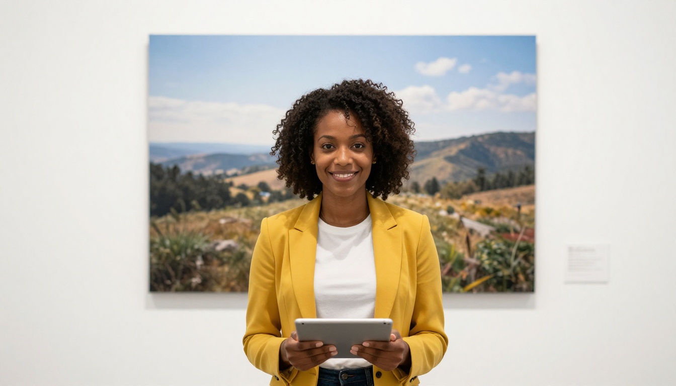A confident Black woman with natural coily hair and a mustard blazer standing in front of a large printed photo at a gallery