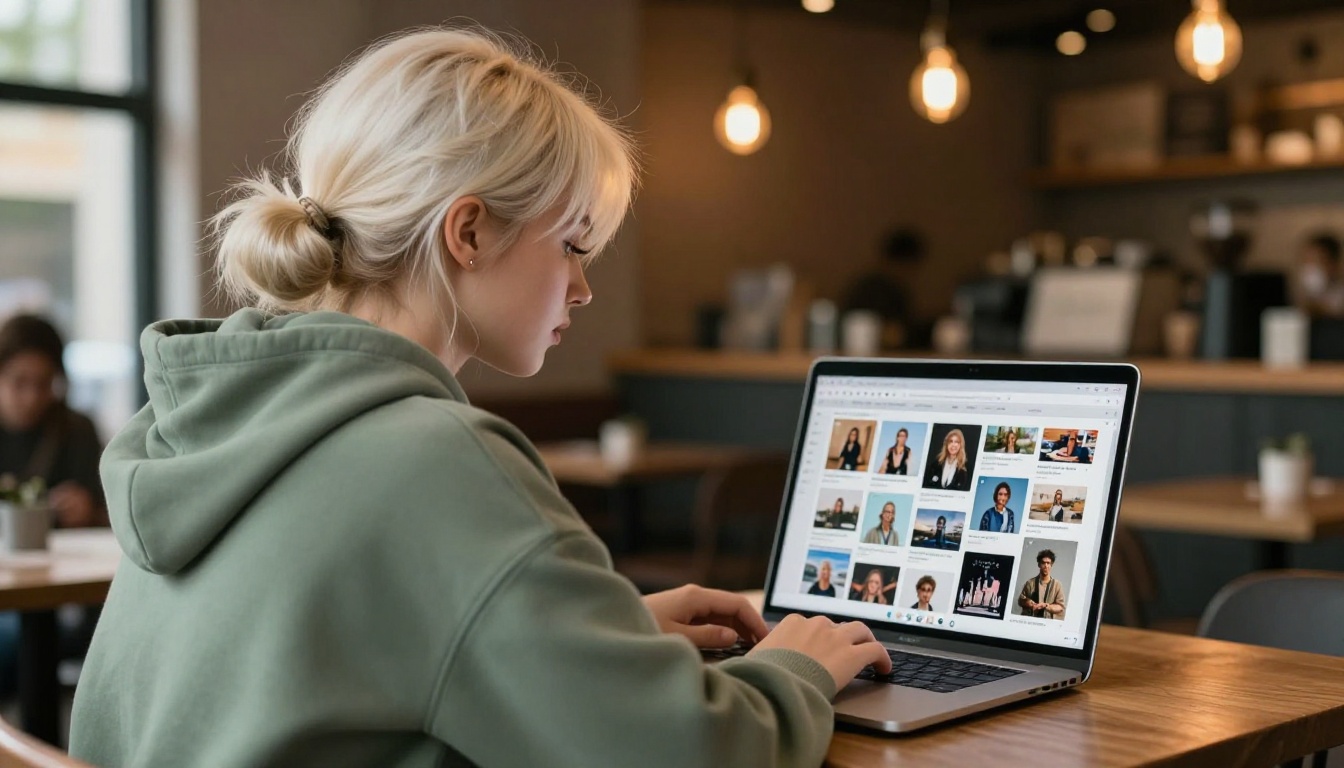 A woman at a cafe with a MacBook open displaying a browser grid of AI-generated images