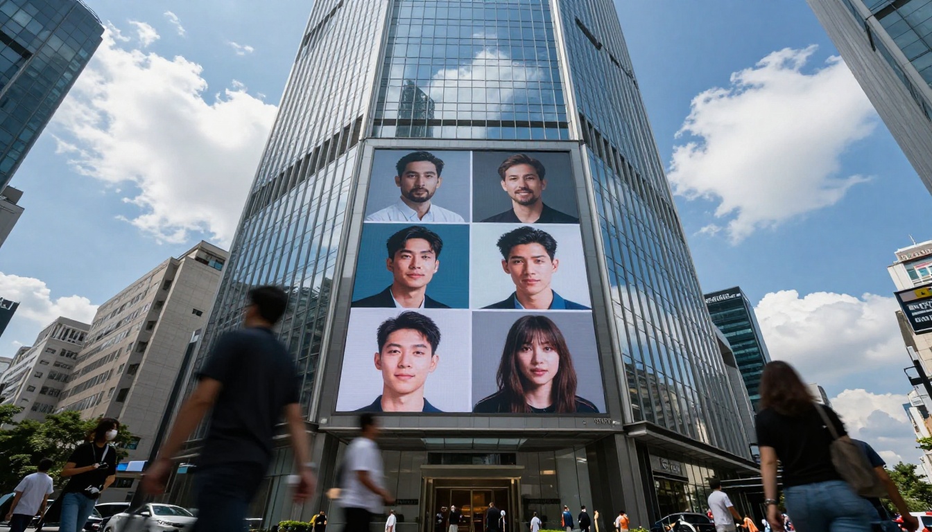 Dramatic low-angle shot of a glass skyscraper with a large billboard displaying a grid of AI-generated portrait images