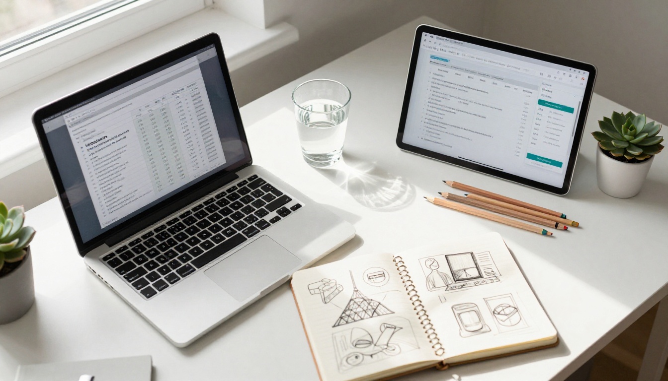 A top-down aerial flat-lay of a minimalist workspace with a laptop showing a pricing comparison chart, surrounded by sketches, pencils, and a small succulent