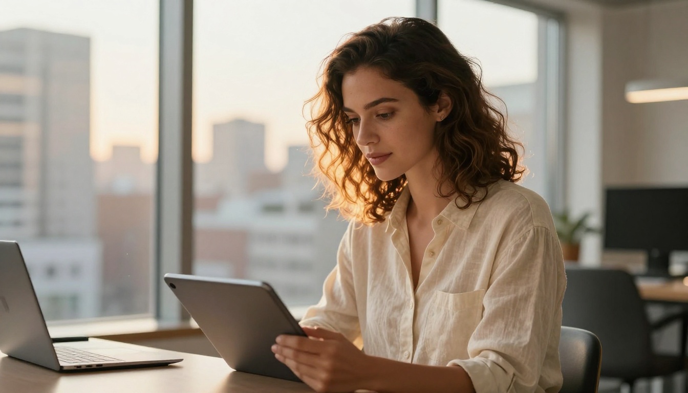A confident creative professional with wavy chestnut hair reviewing AI-generated artwork on a tablet in a sun-lit co-working space