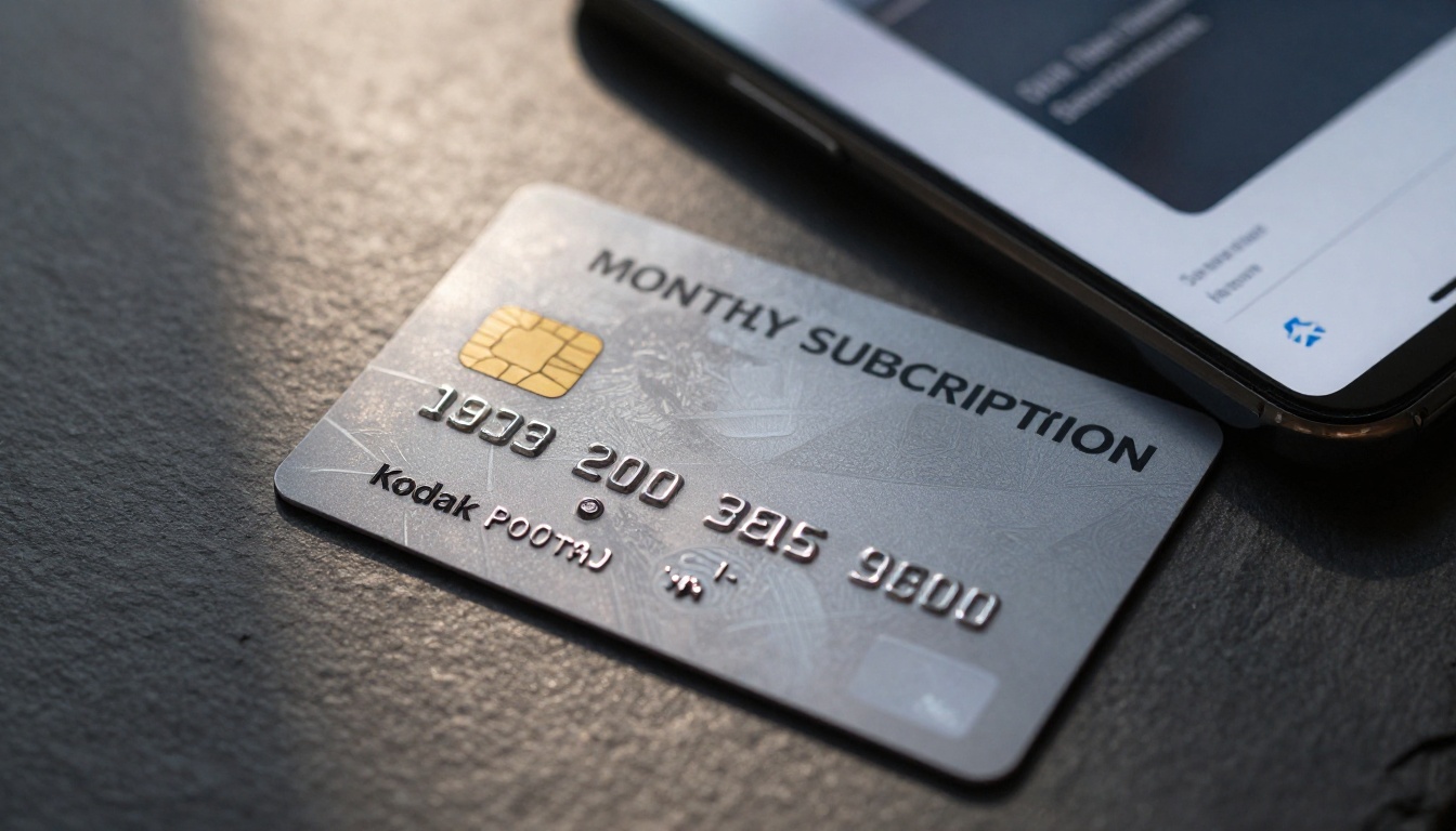 A credit card and smartphone side by side on dark slate, the phone screen showing a monthly subscription pricing comparison