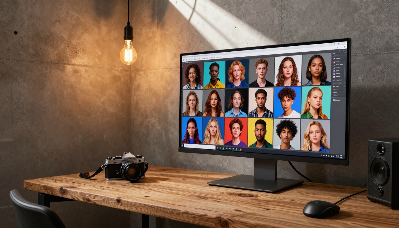 A sleek modern home studio setup with a large monitor displaying a grid gallery of vibrant AI-generated portraits