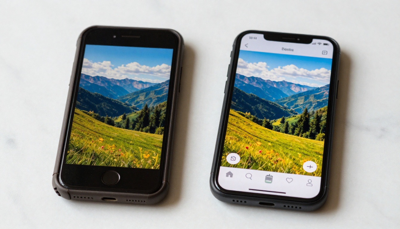 Two smartphones placed side by side on white marble, both displaying AI-generated landscape images of identical visual quality
