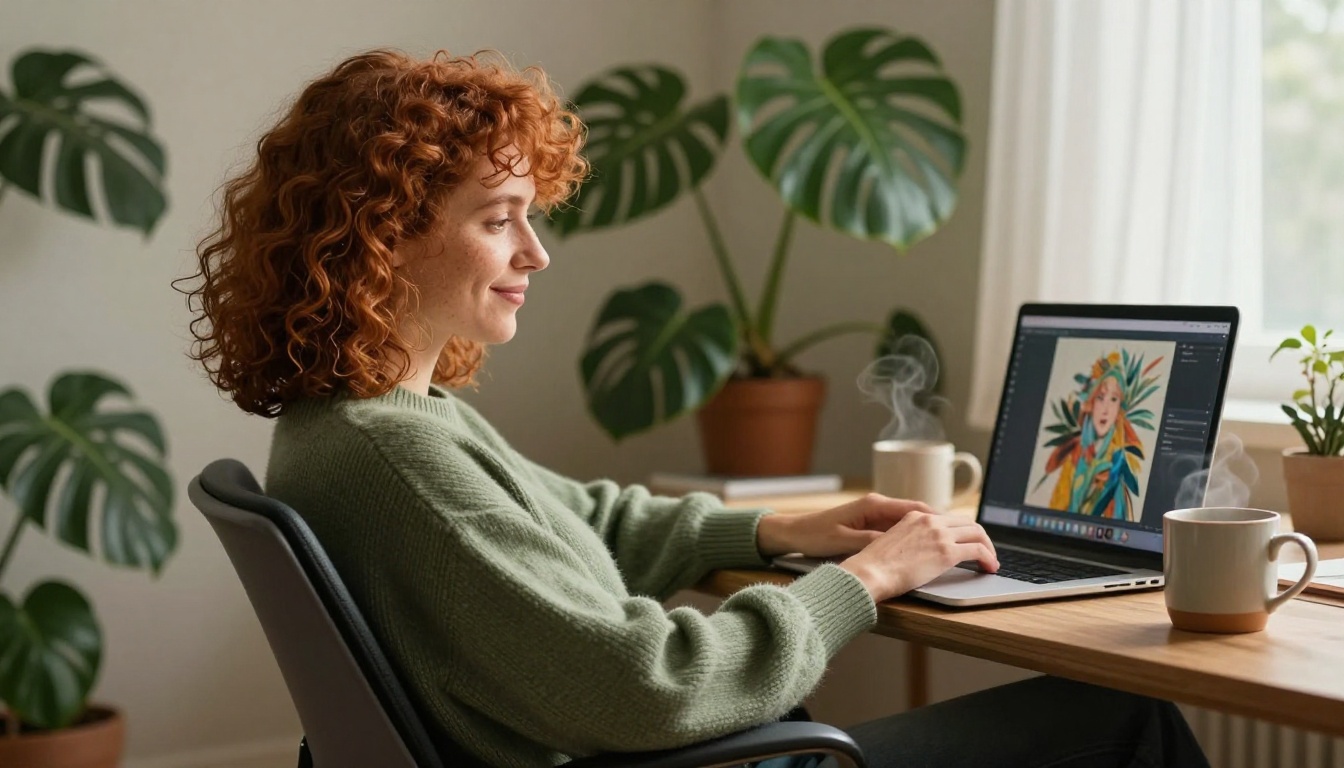 A woman in a sage green sweater leaning back with a satisfied expression, her laptop screen displaying vibrant AI artwork beside a steaming ceramic mug