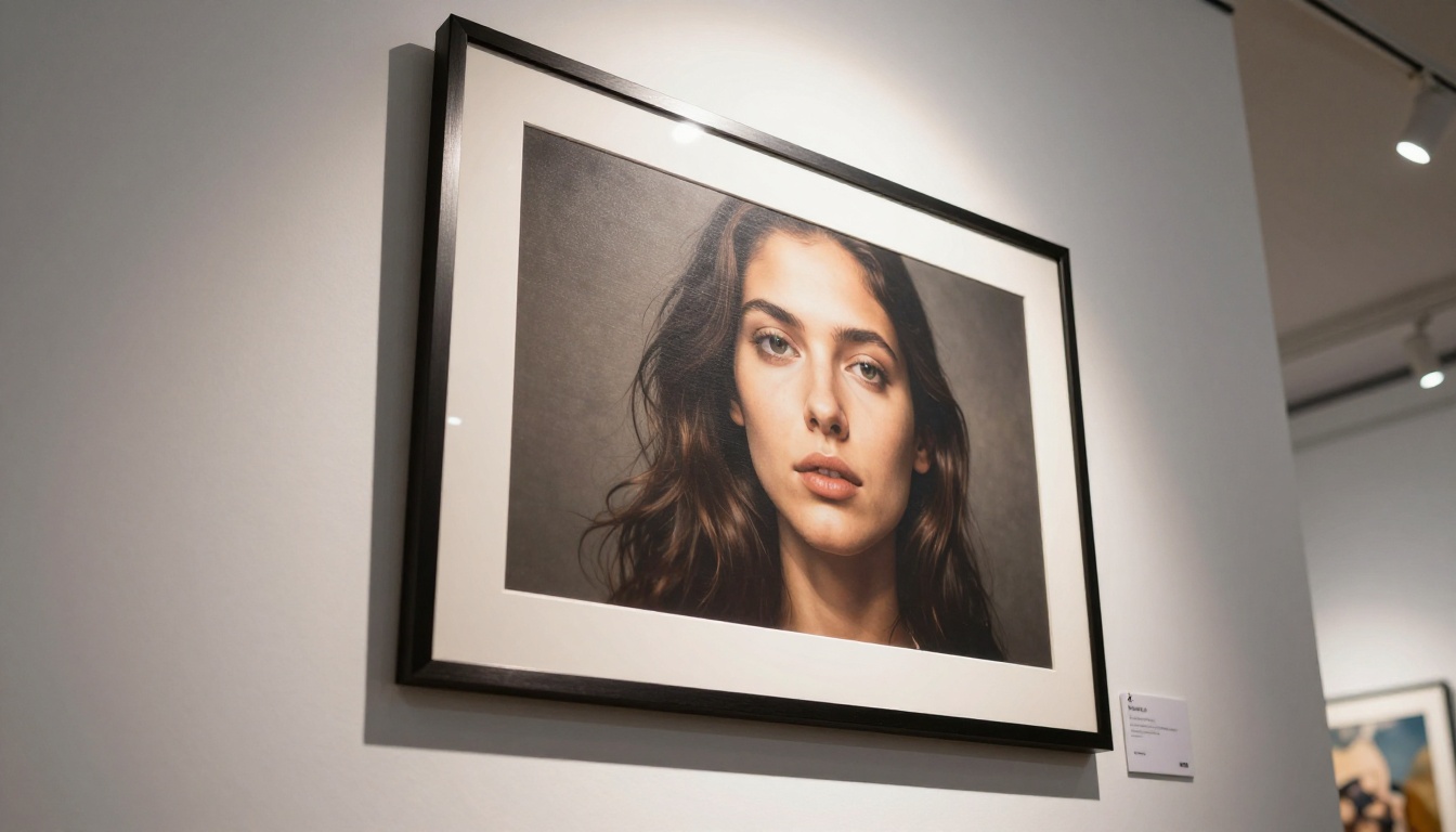 A large framed AI-generated portrait print hung on a white gallery wall under warm spotlighting with a small price tag visible on the corner
