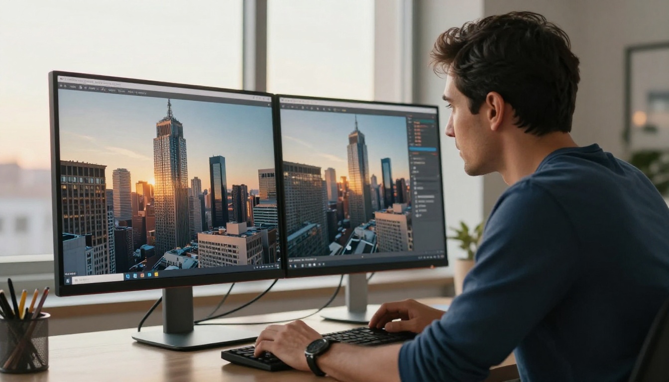 A creative director in a navy henley reviewing a split-screen AI image comparison on a large 4K monitor with city skyline behind him