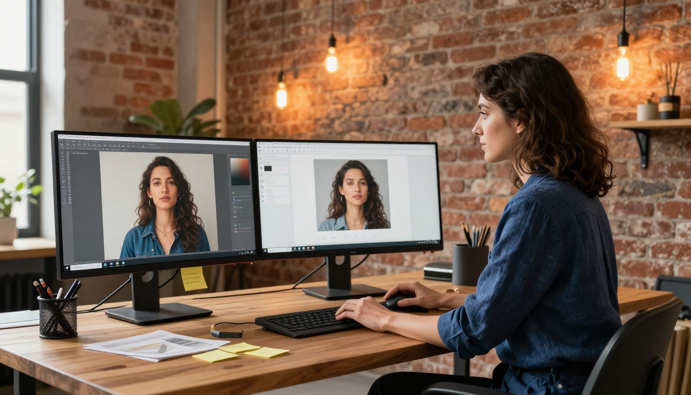 Designer reviewing AI-generated portrait images on dual monitors in a bright studio