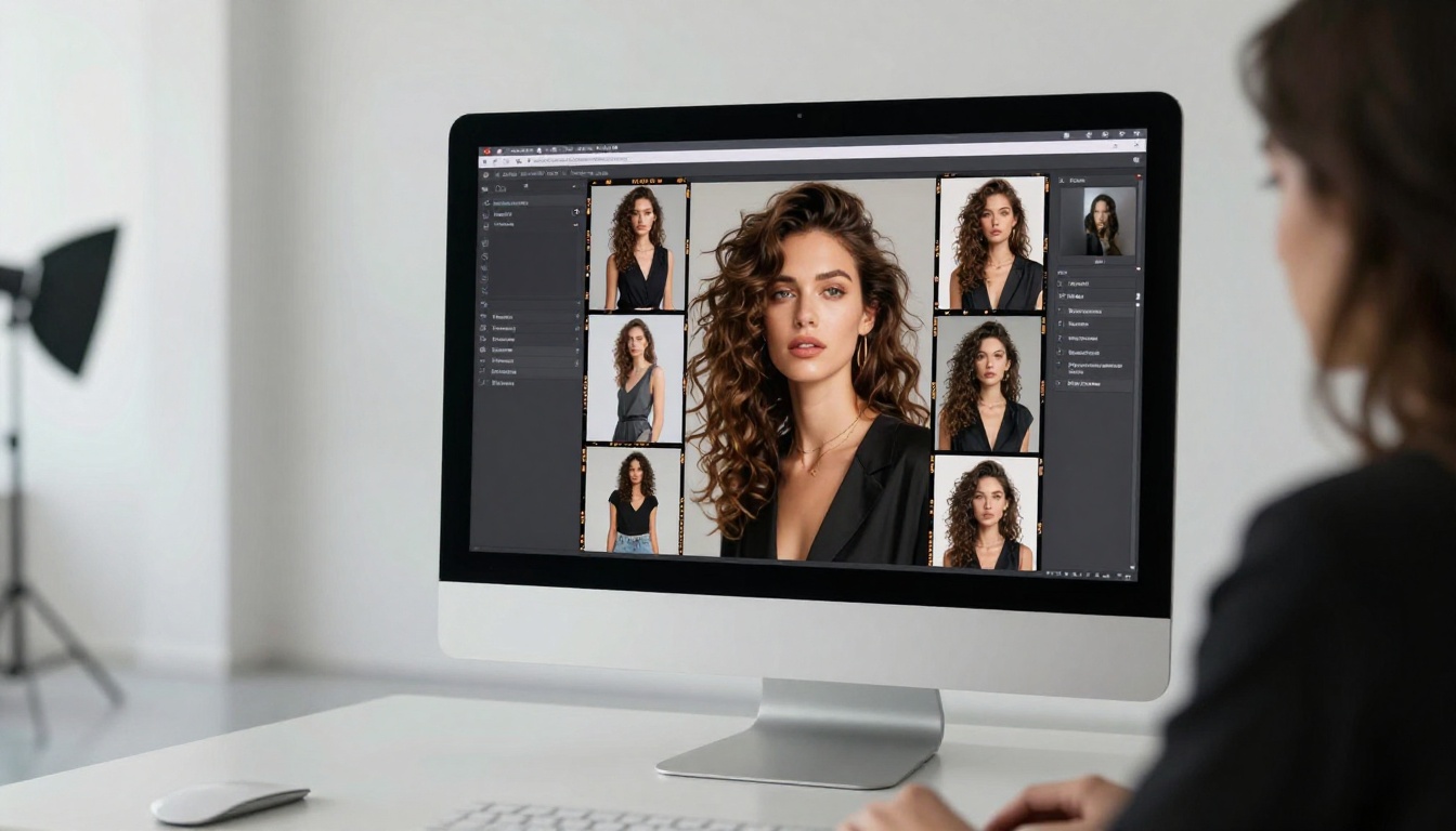 Woman photographer reviewing her AI-generated portfolio on an iMac in a white photography studio