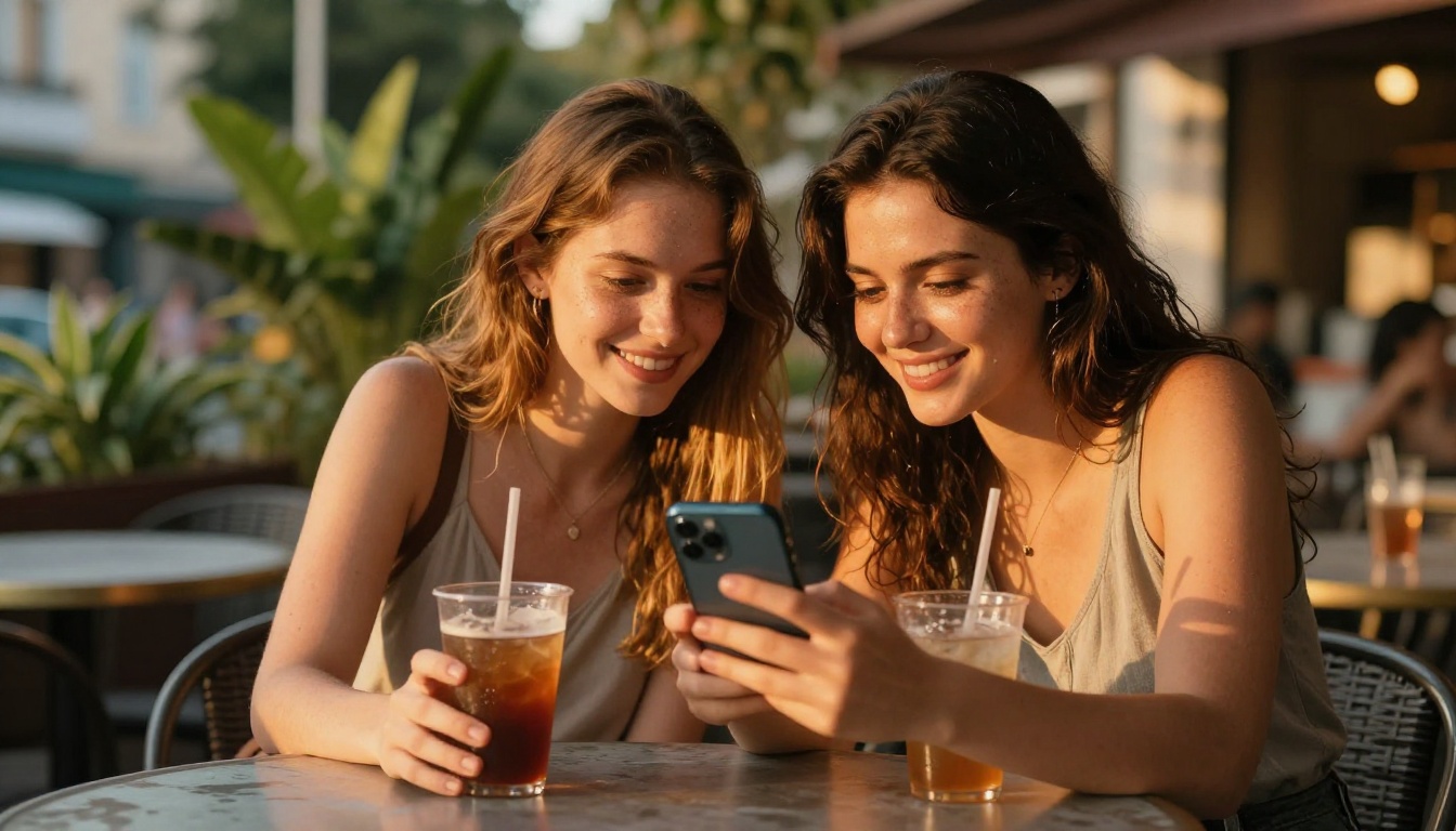 Two women friends smiling while browsing AI images on a smartphone at an outdoor cafe