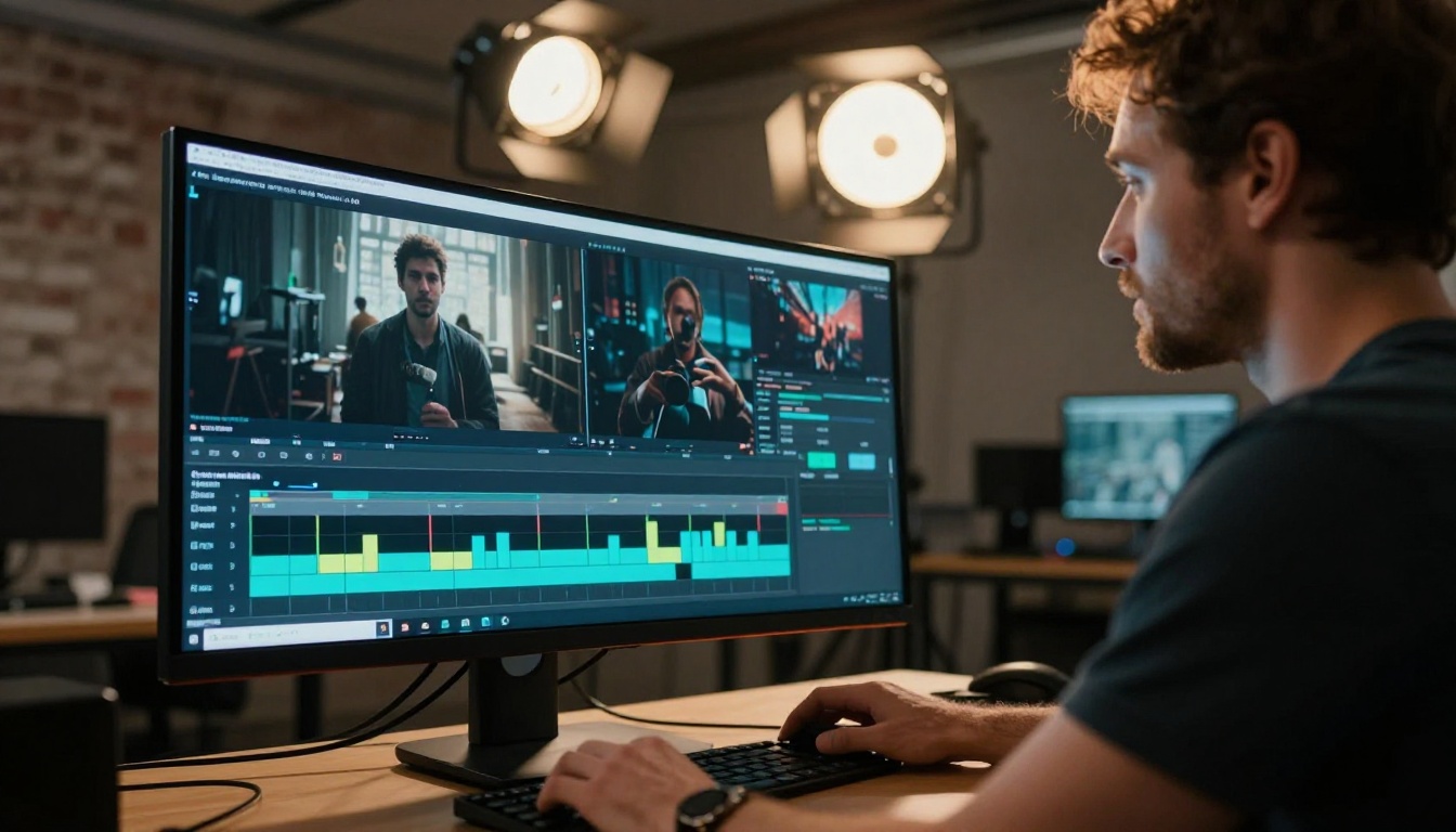 Video editor working with AI-generated footage at a standing desk