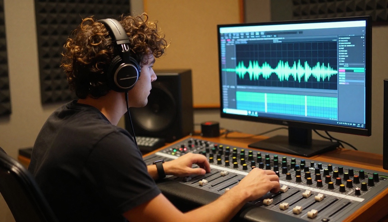 Music producer in recording studio with AI audio interface