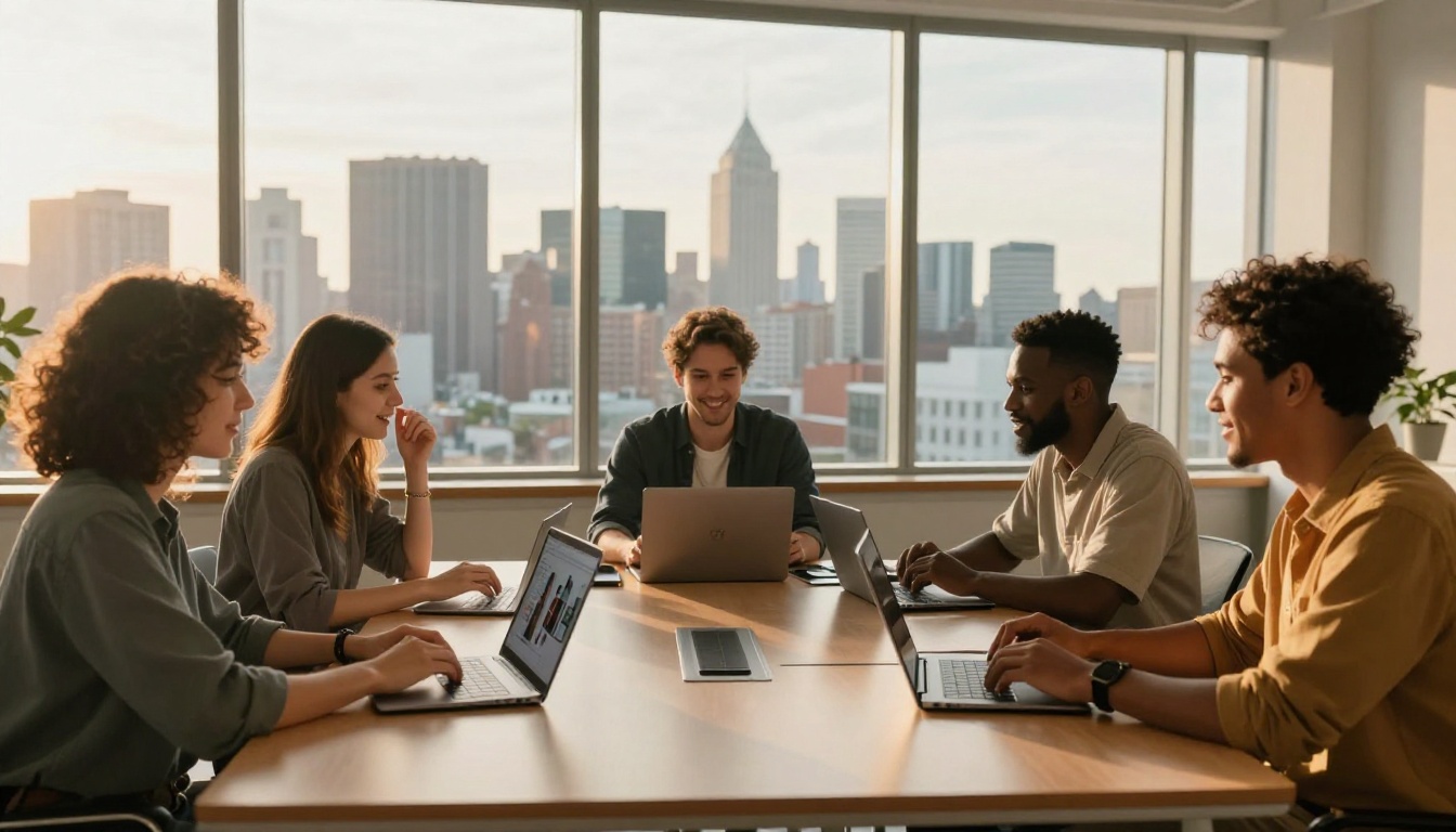 Diverse creative team collaborating on AI-generated content