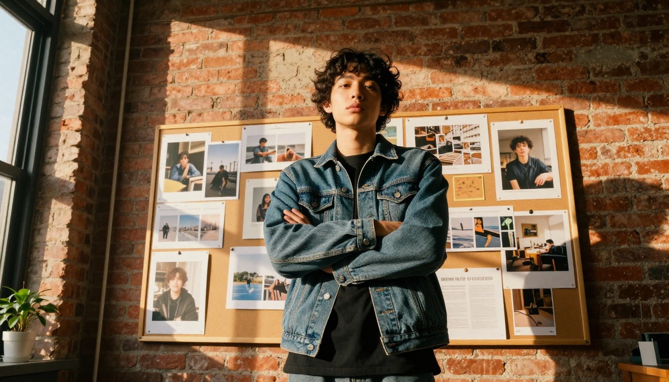 Content creator standing confidently in front of AI-generated mood board