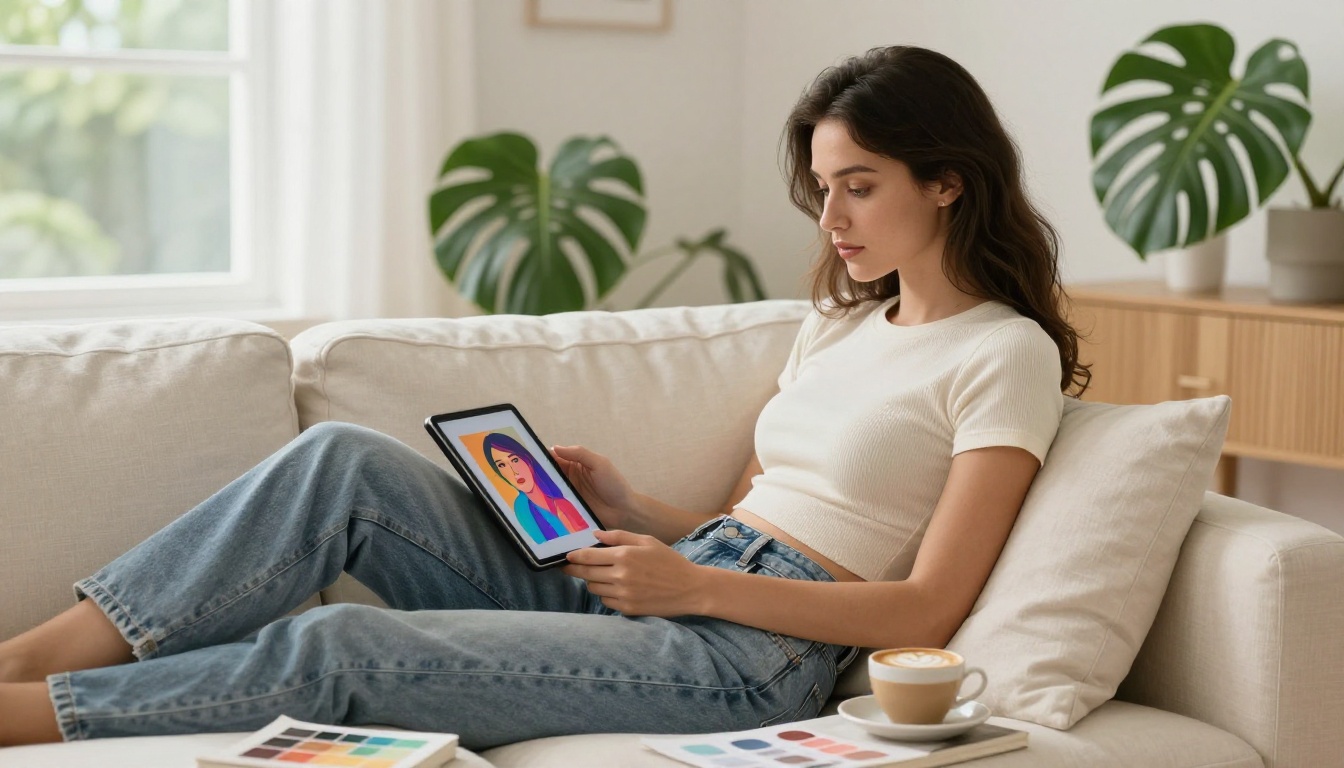 Stylish woman reviewing AI-generated artwork on tablet in Scandinavian apartment