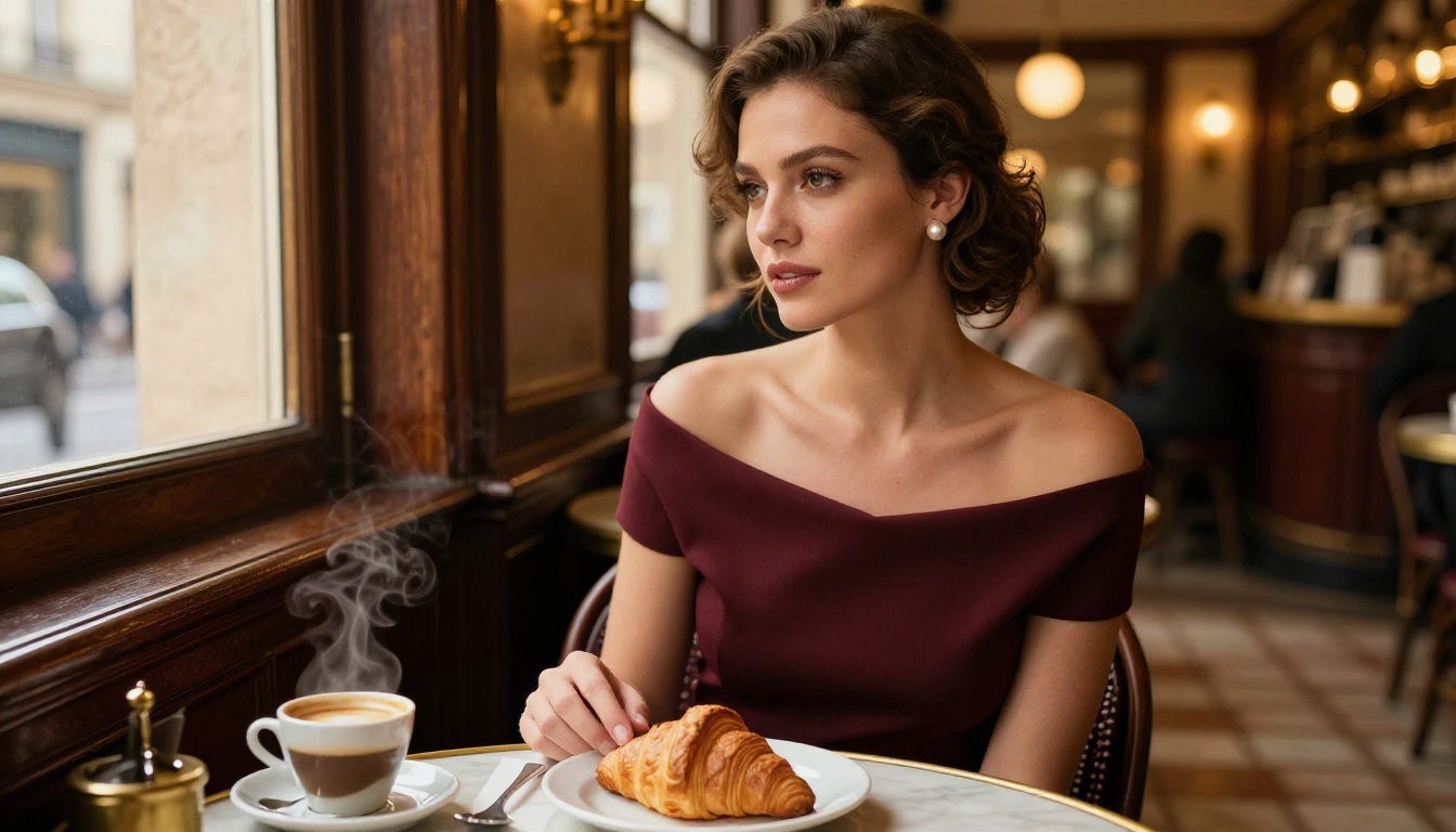Elegant woman at Parisian café in warm morning light