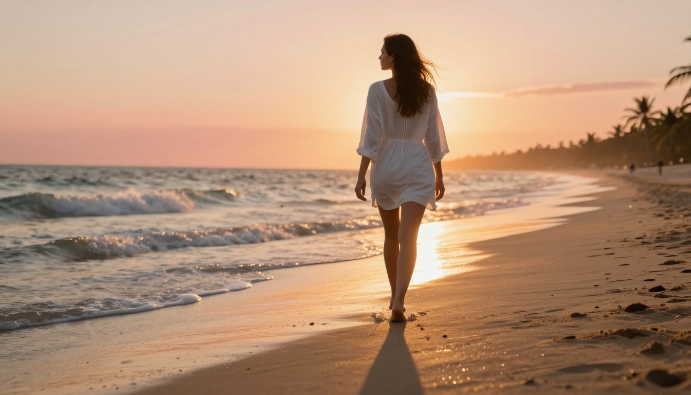 Beautiful woman on tropical beach at golden hour sunset