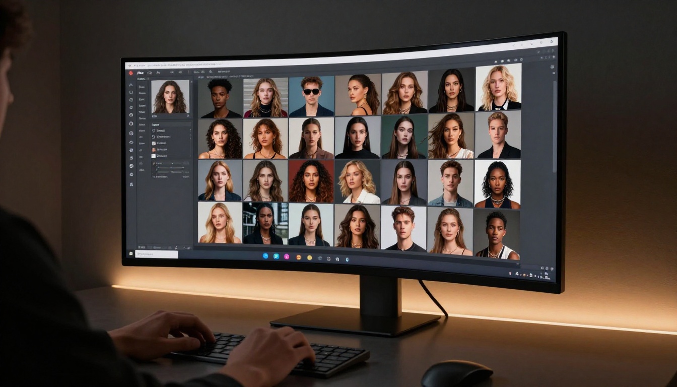 Creative professional using AI platform at dark studio workstation