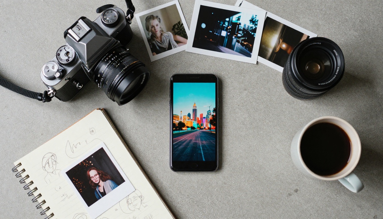 Content creator workspace flatlay with camera and AI tools