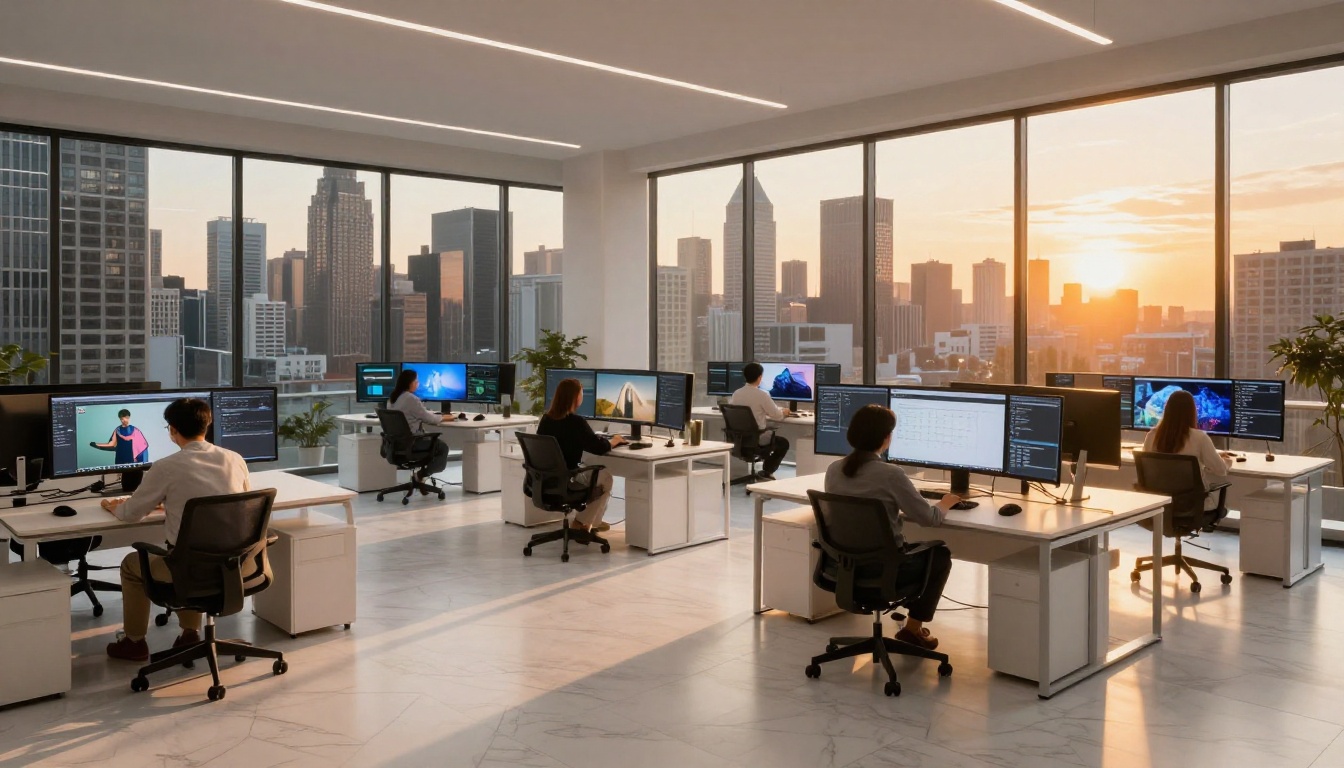 Creative agency open-plan office with AI tools on screens