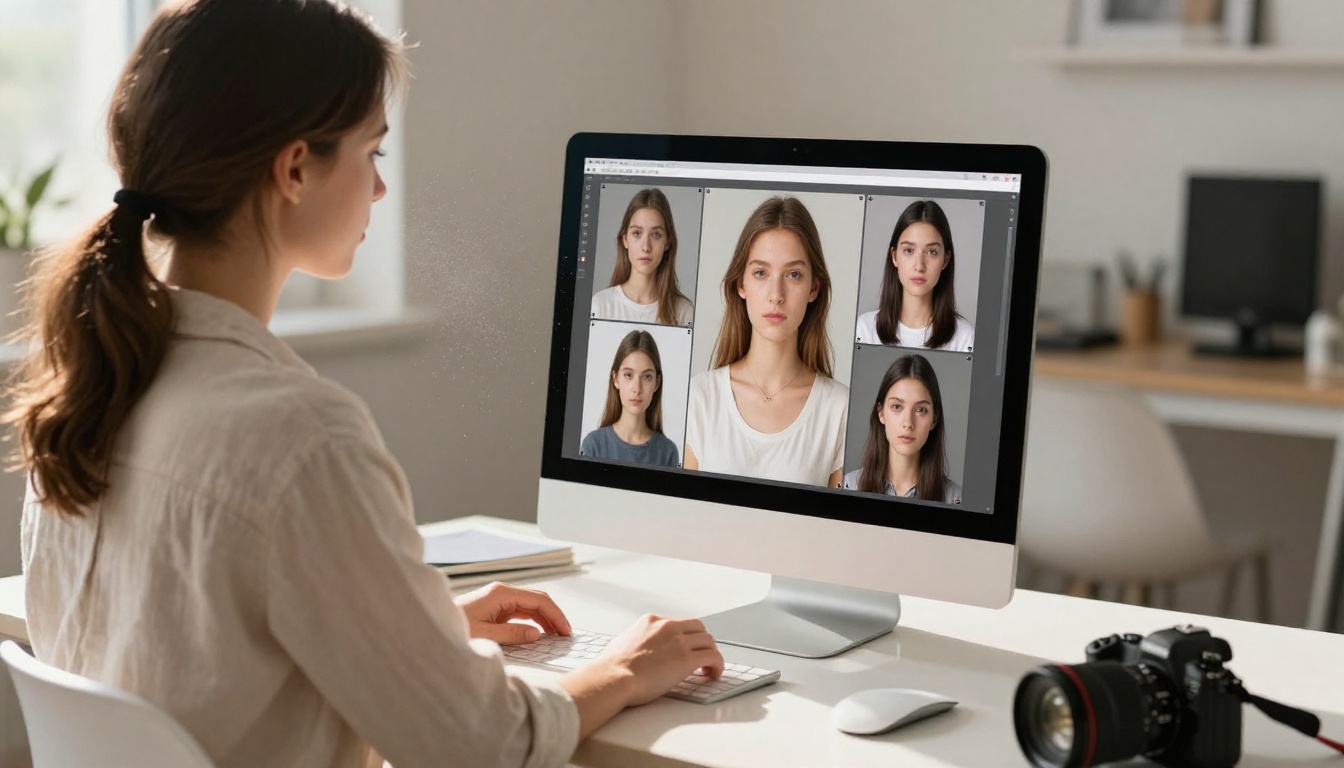 Photographer reviewing AI-generated portrait images in a studio