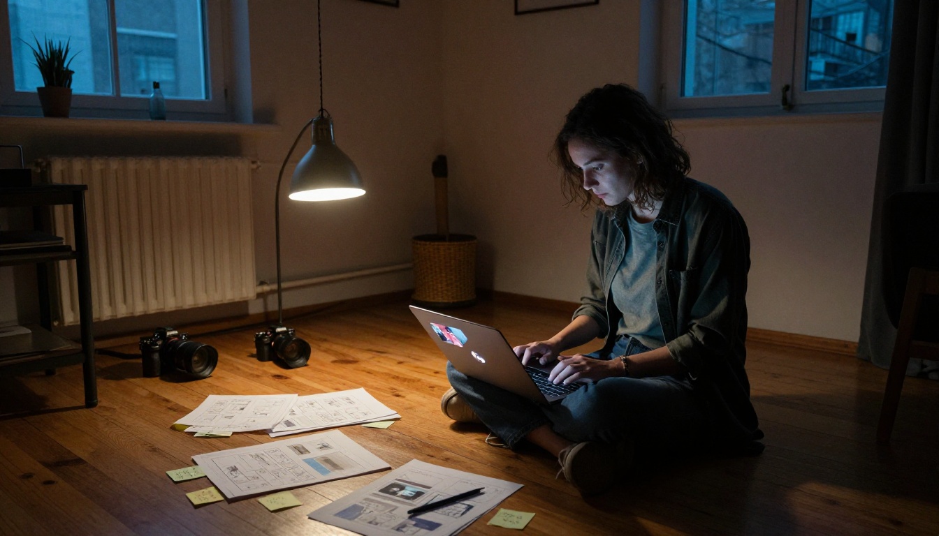 Indie filmmaker working with AI video tools at home studio