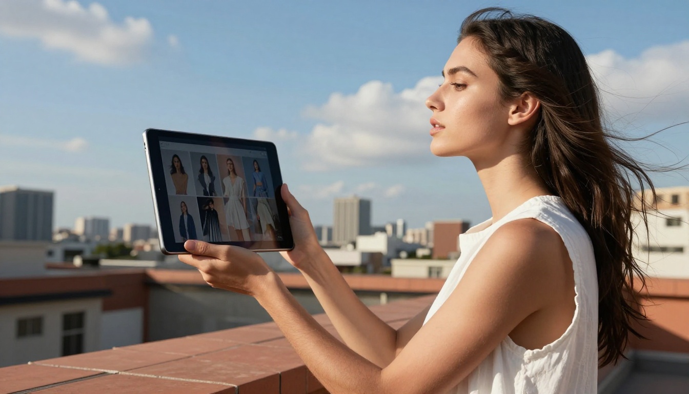 Fashion creator reviewing AI images on tablet at rooftop location