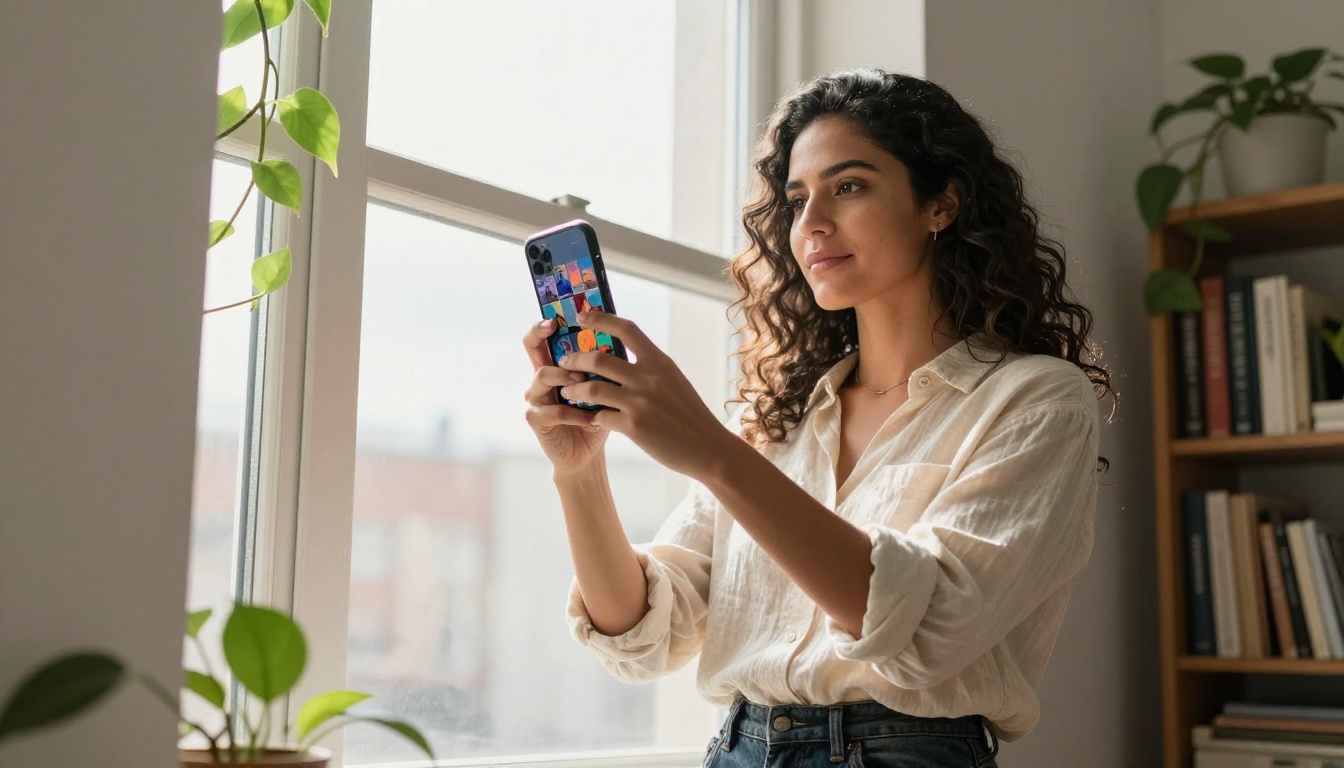 Woman browsing an AI-generated image gallery on her smartphone Woman browsing an AI-generated image gallery on her smartphone